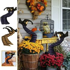 halloween decorations on the outside of a house with pumpkins and flowers in buckets