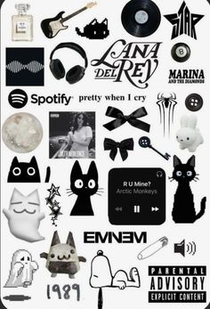 an assortment of stickers that include cats, music and other things in black and white