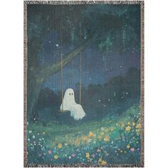 a white ghost is sitting on a swing at night