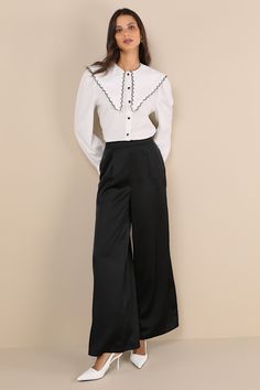 The Lulus Stunning Chicness Black Satin High-Rise Wide-Leg Pants will easily elevate any of your favorite fall 'fits! Sleek woven satin shapes these must-have pants that feature a high, banded waist (with elastic at the back for fit) and trendy, wide pant legs with pleated details, side seam pockets, and full-length hems. Hidden side zipper/clasp. Add a sweater and some boots and you'll instantly have a perfect ensemble! Fit: This garment fits true to size. Length: Floor length. Size medium Inse Chic Silk Wide Leg Pants For Work, Satin Pants For Evening, Evening Satin Straight Pants, Satin Wide-leg Pants For Work, Wide-leg Satin Pants For Workwear, Satin Wide-leg Workwear Pants, Satin Wide Leg Pants For Workwear, High-waisted Satin Wide Leg Pants For Evening, High-waist Silk Pants For Spring