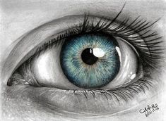 a drawing of an eye with long lashes and blue eyeshade, drawn in pencil