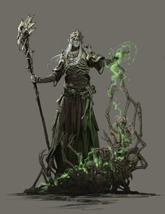 an image of a woman holding a staff and surrounded by skeletons in the dark with green lights