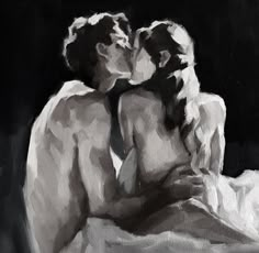 a black and white painting of two people kissing on a bed with the sheets pulled back