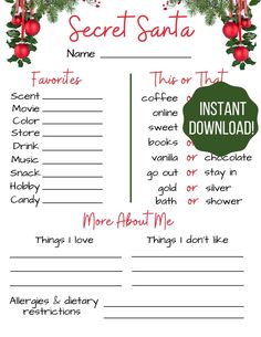 a printable christmas secret santa list with the words, names and pictures on it