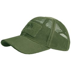 a green mesh hat with a patch on the front and an army green visor