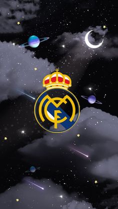 the real madrid logo is shown in front of some clouds and stars with planets around it