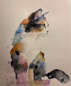 a watercolor painting of a cat sitting down