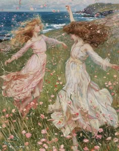 two women are in a field with flowers