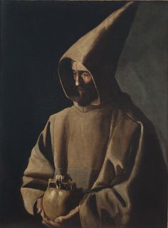 a painting of a man with a hood holding an apple