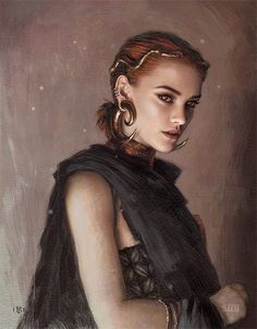 a painting of a woman with red hair and big hoop earrings wearing a black dress