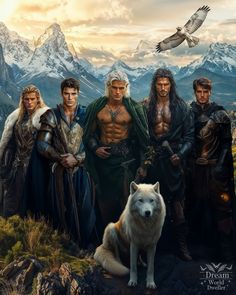 an image of the cast of game of thrones standing in front of snowy mountains