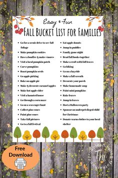 the fall bucket list for families is shown on a wooden table with leaves and foliage