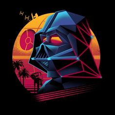 a stylized image of darth vader in front of an orange and blue background