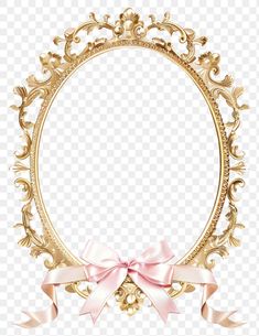 an ornate gold frame with a pink bow on the side, transparent background png