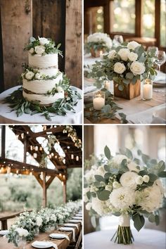 wedding cake, flowers and candles are arranged on the table at this rustic barn wedding