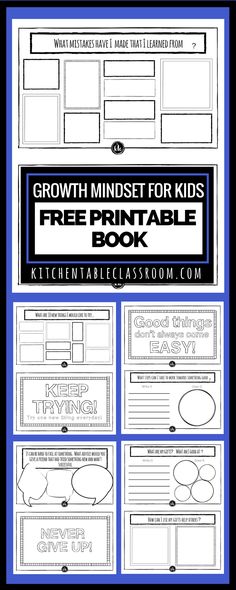 the growth minds for kids free printable book is shown in blue and white with black text