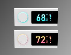 two digital clocks displaying different time zones on the same clock face, each with its own temperature