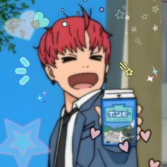 an anime character holding up a cell phone in front of his face and smiling at the camera