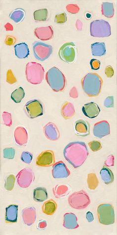 an abstract painting with different colors and shapes on it's surface, as well as circles