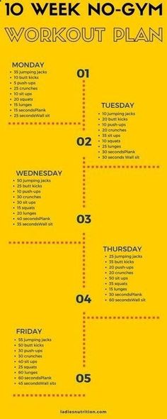 the 10 week no - gym workout plan is shown in yellow and has black numbers on it