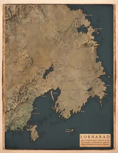 a map of the middle earth with some land and water on it, including mountains