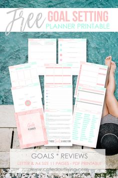 the goal setting planner printable is shown in pink, blue and purple tones with text overlay