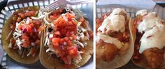 three tacos with different toppings in a basket