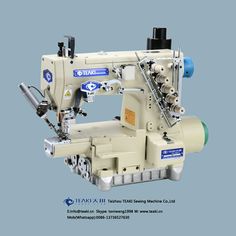 the sewing machine is on display in front of a blue background with words that read, it