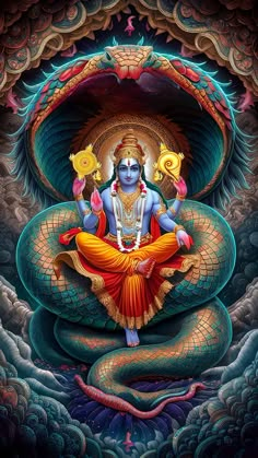 the hindu god sitting on top of a giant snake