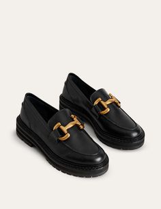 Iris Snaffle Chunky Loafers - Black Box Leather | Boden US Loafers Doc Martens, Metallic Ballet Flats, Gladiator Flats, Chunky Loafers, Black Iris, Bow Flats, Black Ballet Flats, Tassel Loafers, Trainer Boots