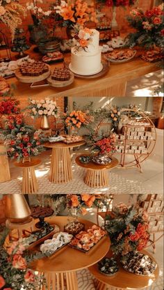 there are many cakes and desserts on the table in this photo collage, all decorated with orange flowers