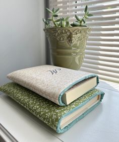 two books sitting on top of each other next to a potted plant and window