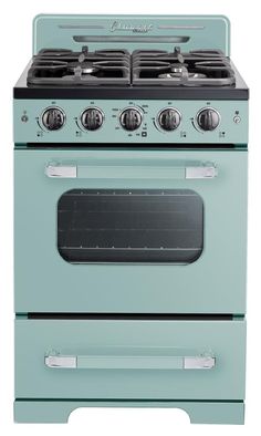 a blue stove top oven with two burners