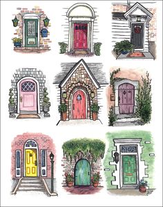 four different colored doors in front of a house