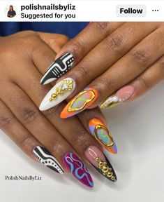 Crazy Almond Nails, 90 Theme Nails, 90s Pop Art Nails, 1990s Nails The 90s, 90s Theme Nails, Loud Nails, Swaggy Nails, 90’s Theme Acrylic Nails, Fashionable Nails