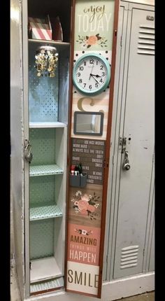 an old locker with a clock on the front and shelves below it that says enjoy today