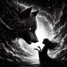 a woman standing next to a wolf on top of a body of water under a night sky