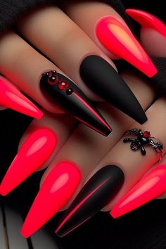 Turn up the heat with these stunning black and neon red chrome nails! Perfect for making a bold and fiery statement, this eye-catching design is ideal for a night out, special events, or whenever you want to stand out. Let your nails be the talk of the town with this vibrant and edgy look. 💅🔥 #NailArt #ChromeNails #NeonRed Opposite Hand Nail Designs, Black Chrome Nail Designs, Cute Nails Simple Design, Simple But Cute Nail Designs, Neon Black Nails, Dope Nail Designs Almond, Swag Nails Designs