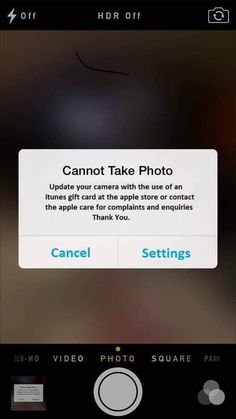 an iphone screen with the text cannot take photo and then you can manage your storage in settings