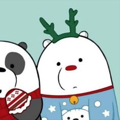 two panda bears are dressed in pajamas and reindeer antlers, one is holding a christmas ornament