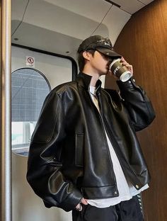 Woo Zipped Faux Leather Jacket-korean-fashion-Jacket-Woo's Closet-OH Garments Party Outfit Night Club Men, Korean Party Outfit Night Club, Euphoria Fits, Wall Fb, Starboy Aesthetic, Streetwear Hats, 90s Fashion Outfits Hip Hop Party, Straight Cut Pants, Jacket With Zipper