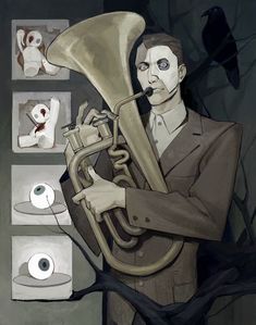 a painting of a man playing a trumpet