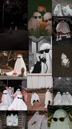 many different pictures of people dressed up in halloween costumes and ghost like clothing, one with sunglasses on his head