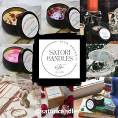 some candles and other items are arranged on a table with the words satori candles