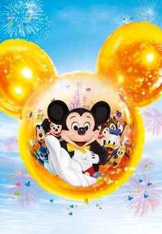 mickey mouse with balloons and fireworks in the background