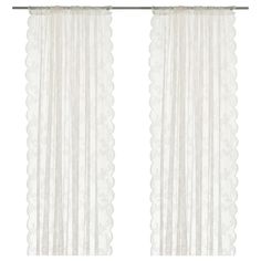 white sheer curtains with scalloped edges and lace trims on the bottom half