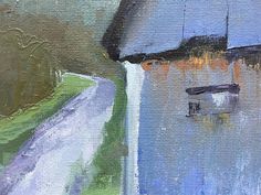 an oil painting of a blue umbrella on the side of a road