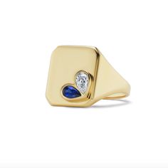 18K Gold Diamond weighs approximately 0.20ctw Blue Sapphire weighs approximately 0.25ctw To order in 18K White or Rose Gold, custom stone choice or custom finger size please email info@gemellajewels.com 3-4 Week lead time Lead Time, Playful Design, Signet Ring, Metal Rings, Stone Rings, Class Ring, Or Rose, Blue Sapphire, Gold Diamond