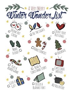 a very merry winter wonderland list with christmas decorations and other things to write on it