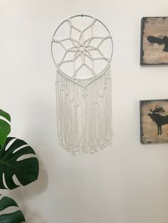 a white wall hanging next to two framed pictures and a green plant in front of it